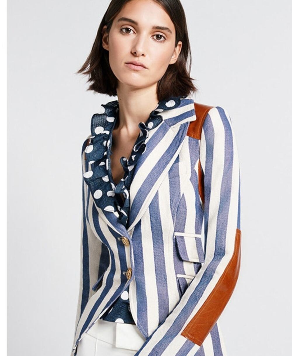Smythe Striped Rifle Patch Equestrian Blazer Blue Cream Whiskey Leather 8